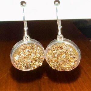 Vtg Joan Rivers Classics Collection Metallic Gold Druzy Round Dangle‎ Earrings